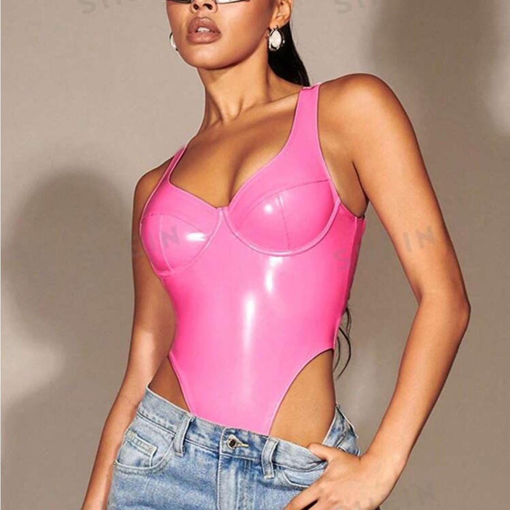 Solid High-Cut Hem Bustier Pu Leather Bodysuit - image 2
